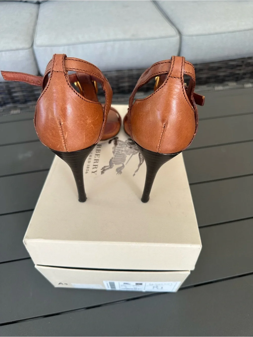 BURBERRY Brown Leather High Heel Sandals with Gold Buckles